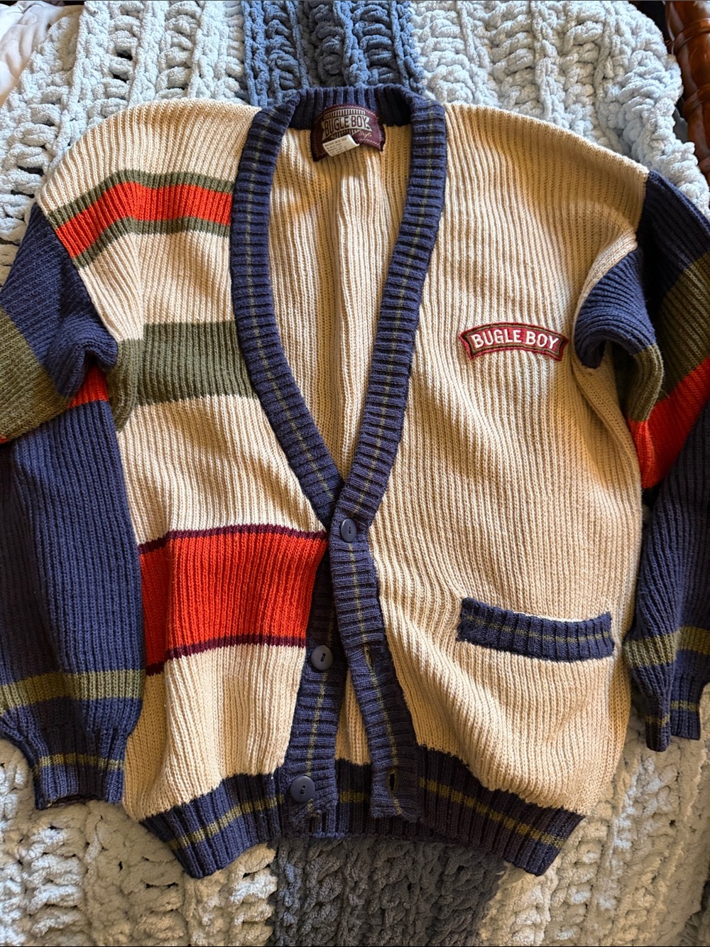 Vintage Bugle Boy Cream Cardigan with Navy, Olive and Red Stripes